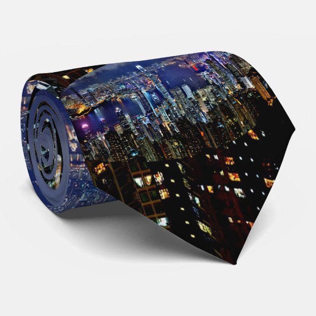 Hong Kong-Stadt-Skyline-Lichter nachts Krawatte (Gerollt)