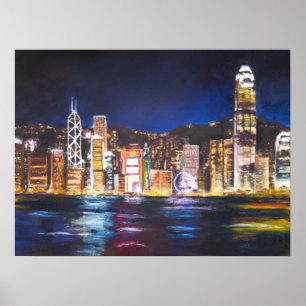Hong Kong Vitoria Harbour Nachtansicht Ölgemälde Poster