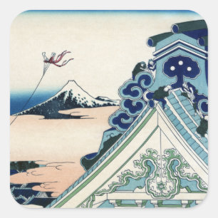 Honganji-Tempel Blick auf den Fuji Holzschnitt Quadratischer Aufkleber