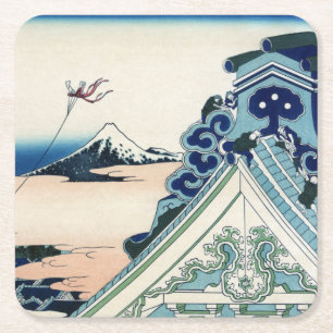 Honganji-Tempel Blick auf den Fuji Holzschnitt Rechteckiger Pappuntersetzer