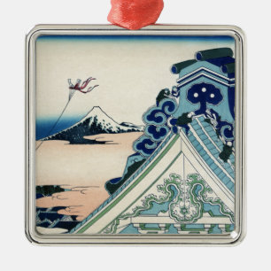 Honganji Temple Vista des Fuji Japanese Woodcut Ornament Aus Metall