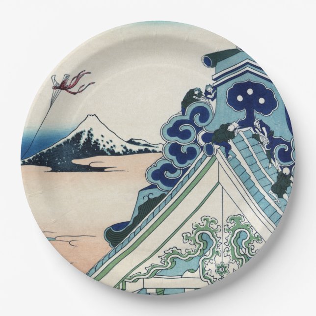 Honganji Temple Vista des Fuji Japanese Woodcut Pappteller (Vorderseite)