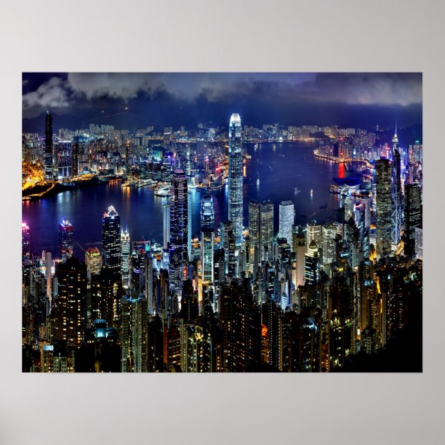 Hongkong City Skyline Lights - Nacht Poster (Vorne)