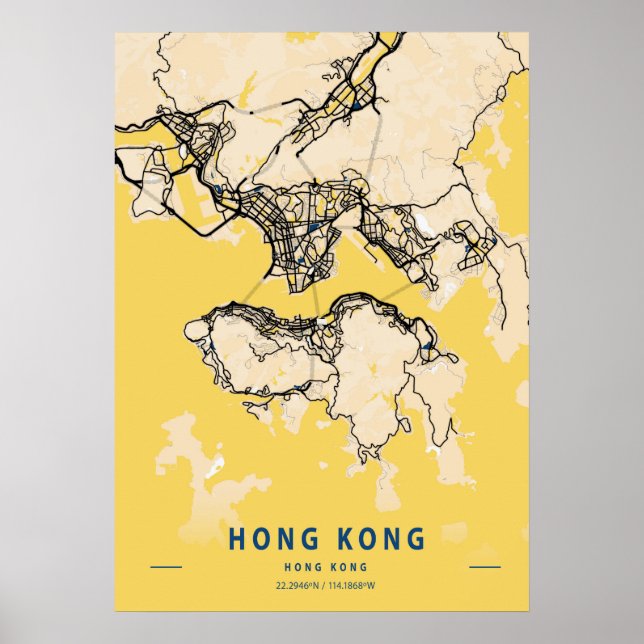 Hongkong - Hongkong Gelbe Stadtkarte Poster (Vorne)