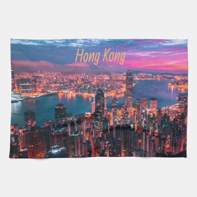 Hongkong Skycraper Skyline Night Lights Geschirrtuch (Horizontal)