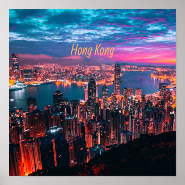 Hongkong Skycraper Skyline Night Lights Poster (Vorne)