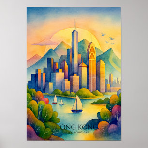 Hongkong Skyline Aquarell   Reise Poster