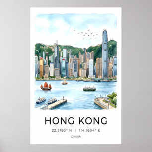 Hongkong Skyline-Wandkunst - Wasserfarben-Hafen Poster