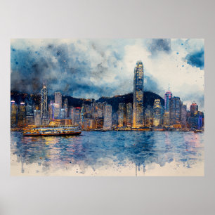 Hongkong-Stadtansicht - Wasserfarben-Splash-Malere Poster