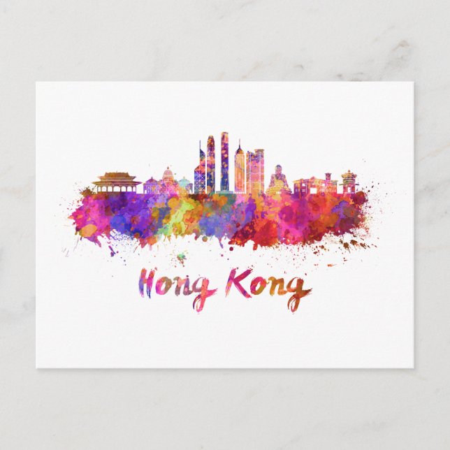 Hongkong V2 Skyline in Aquarellfarben Postkarte (Vorderseite)