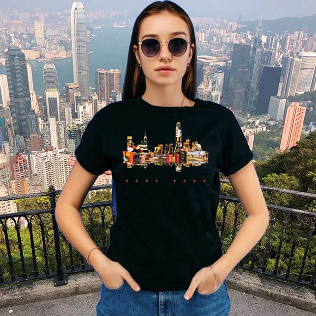 Hongkonger farbenfrohe Silhouette T-Shirt (Hong Kong, black t-shirt for women)
