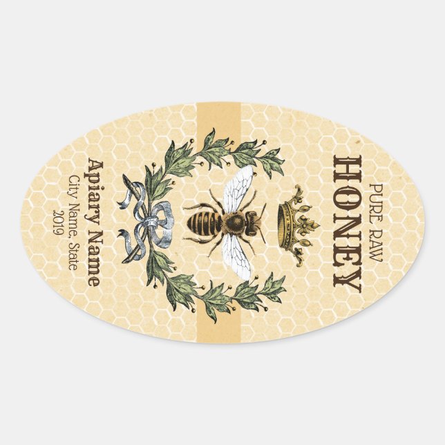 Honig-Apiary-Krone und Krautstreifen Ovaler Aufkleber (Vorderseite)