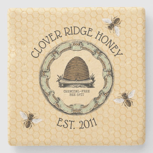Honig-Bienen-Bauernhof-Aufkleber-Monogramm Steinuntersetzer (Vorderseite)