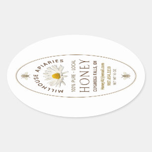 Honig Daisy und Bienen weiß in Handflaschen Ovaler Aufkleber