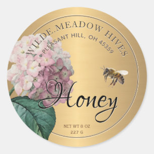 Honigaufkleber mit Bienenrosa Hydrangea-Blume Runder Aufkleber