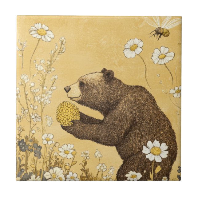 Honigbär auf einer Wildblumenwiese Fliese (Vorderseite)