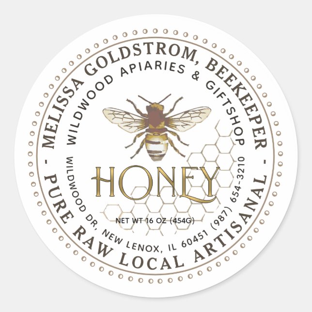 Honigbeere auf Honigwabenmetallic Gold Runder Aufkleber (Vorderseite)