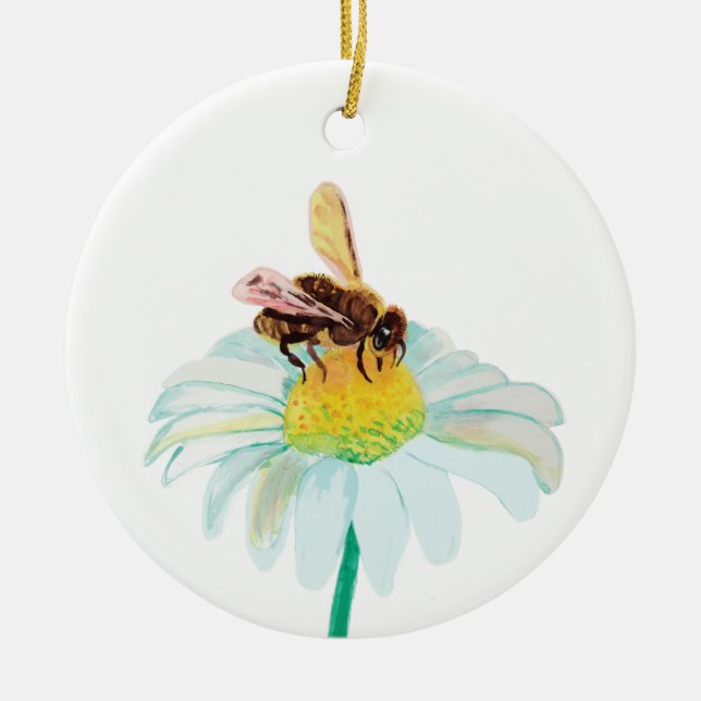 Honigbiene auf einer weißen Blume Keramik Ornament (Vorne)