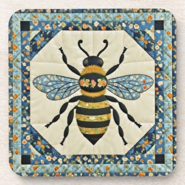 Honigbiene Blau Border Quilt Getränkeuntersetzer (Vorderseite)
