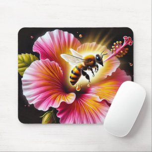 Honigbiene, die einen blühenden, hellen Hibiskus b Mousepad