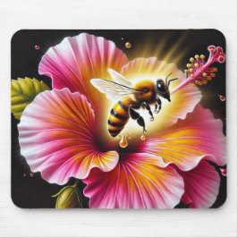 Honigbiene, die einen blühenden, hellen Hibiskus b Mousepad