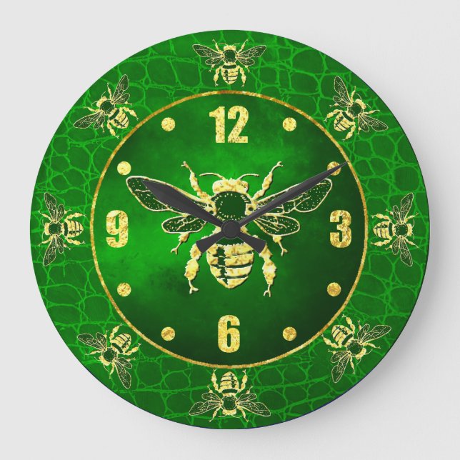 Honigbiene in Gold und Grün Große Wanduhr (Vorderseite)
