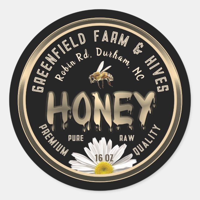 Honigbiene und Daisy Gold Dripping Honey auf Black Runder Aufkleber (Vorderseite)