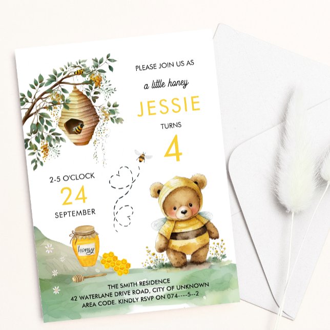 Honigbiene und Niedlich Bear Watercolor Kindergebu Einladung (Von Creator hochgeladen)