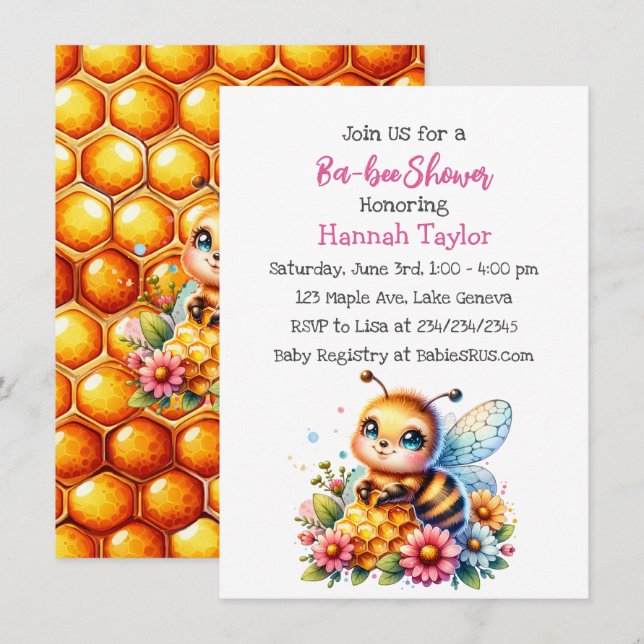 Honigbiene zum Thema Girl's Baby Shower Einladung (Vorne/Hinten)