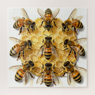 Honigbienen auf einem sechseckigen Honigwabenkreis
