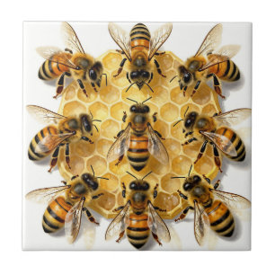 Honigbienen auf einem sechseckigen Honigwabenkreis Fliese