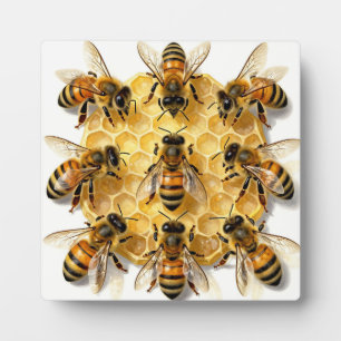Honigbienen auf einem sechseckigen Honigwabenkreis Fotoplatte