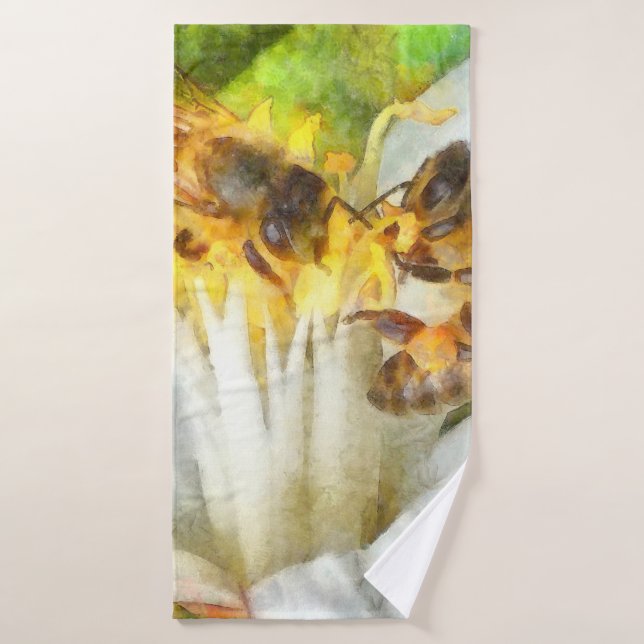 Honigbienen auf Lemon Blossom Wasserfarben Kunst Badehandtuch (Badehandtuch)