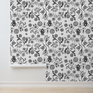 Honigbienen & Blumen Boho Moderne Schwarz und Weiß Tapete