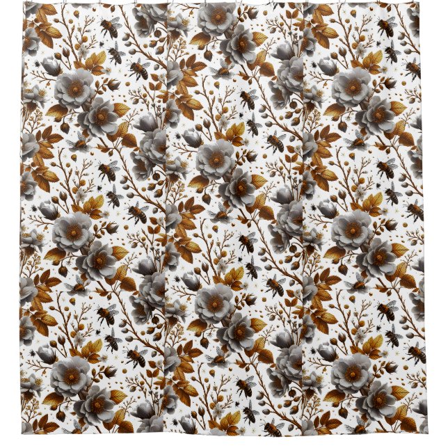 Honigbienen Blüten und Blätter Muster doodle Kunst Duschvorhang (Vorderseite)