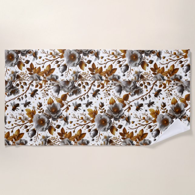 Honigbienen Blüten und Blätter Muster doodle Kunst Strandtuch (Vorderseite)