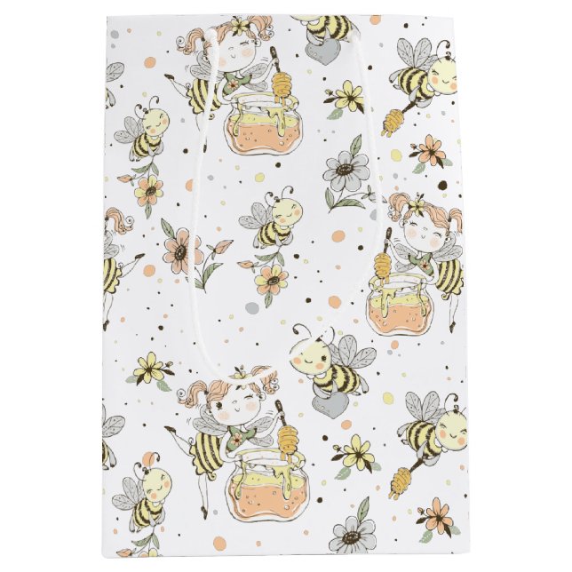 Honigbienen, Feen- und Baby-Bienen im nahtlosen Mu Mittlere Geschenktüte (Vorderseite)