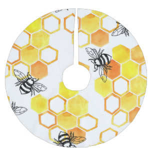 Honigbienen: Gelbes Aquarellmuster Polyester Weihnachtsbaumdecke