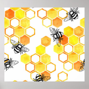 Honigbienen: Gelbes Aquarellmuster Poster