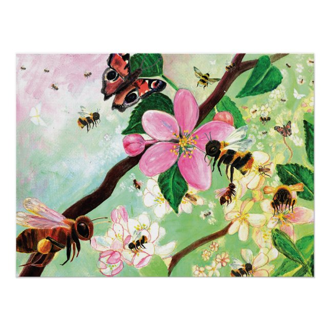 Honigbienen, Hummeln und Frühlingsblüten Poster (Vorderseite)