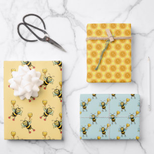 Honigbienen mit Herz- und Wabenmuster Geschenkpapier Set
