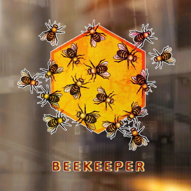 Honigbienen mit orangegelbem Hexagon zeichnend Kun Fensteraufkleber (Von Creator hochgeladen)