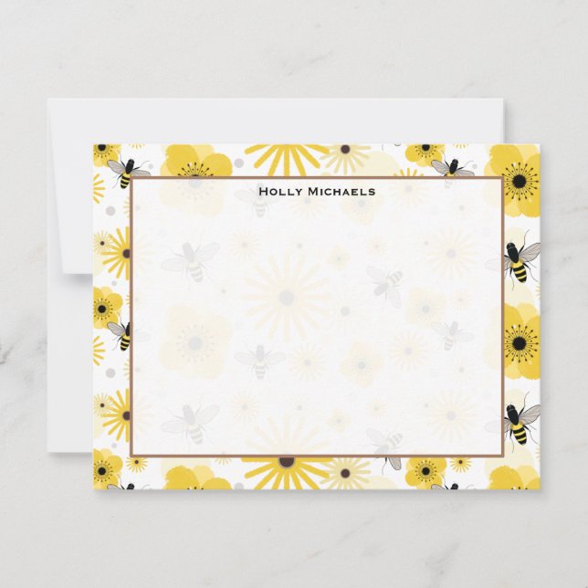 Honigbienen und Blume flache Notizen Einladung (Vorderseite)