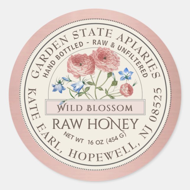 Honigetikett Metallische Rose Gold Border Wildblum Runder Aufkleber (Vorderseite)