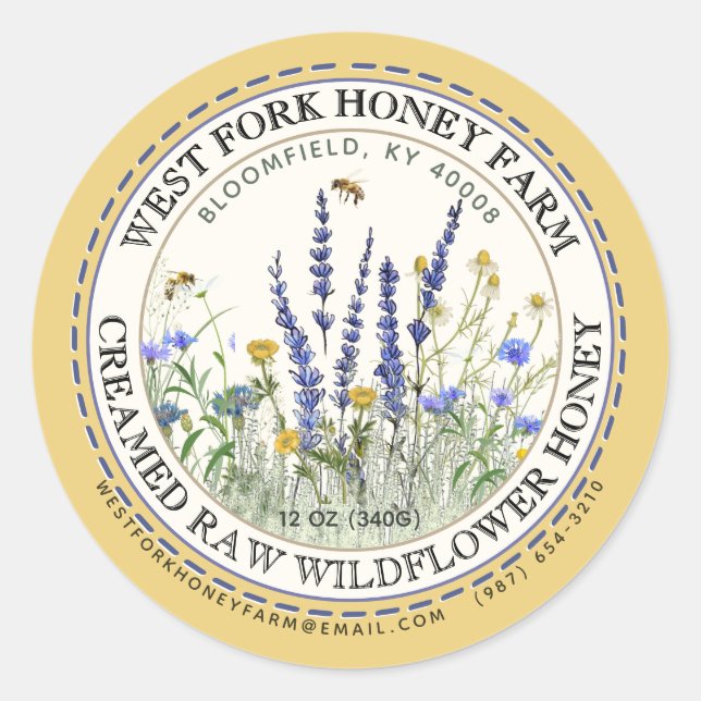 Honigetikett mit Bienen aus Creamed Wildblume Runder Aufkleber (Vorderseite)
