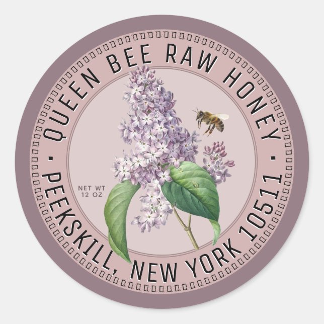 Honigetikett mit Bienen- und Lilac-Blume Rosa Runder Aufkleber (Vorderseite)