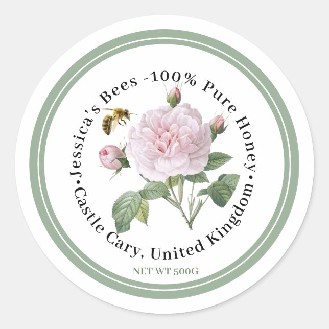Honigetikett mit rosa Rosenbiene und grüner Grenze Runder Aufkleber (Vorderseite)
