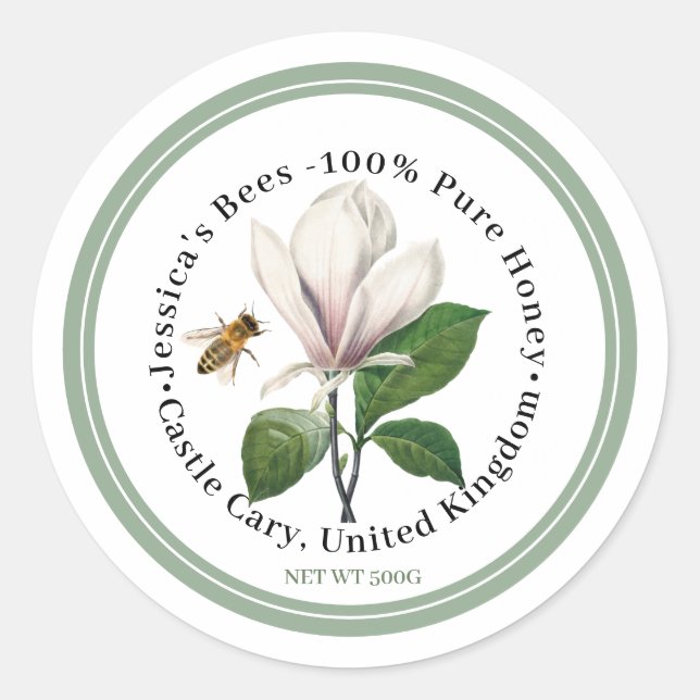 Honiglabel mit Magnolia und Biene und grüne Grenze Runder Aufkleber (Vorderseite)