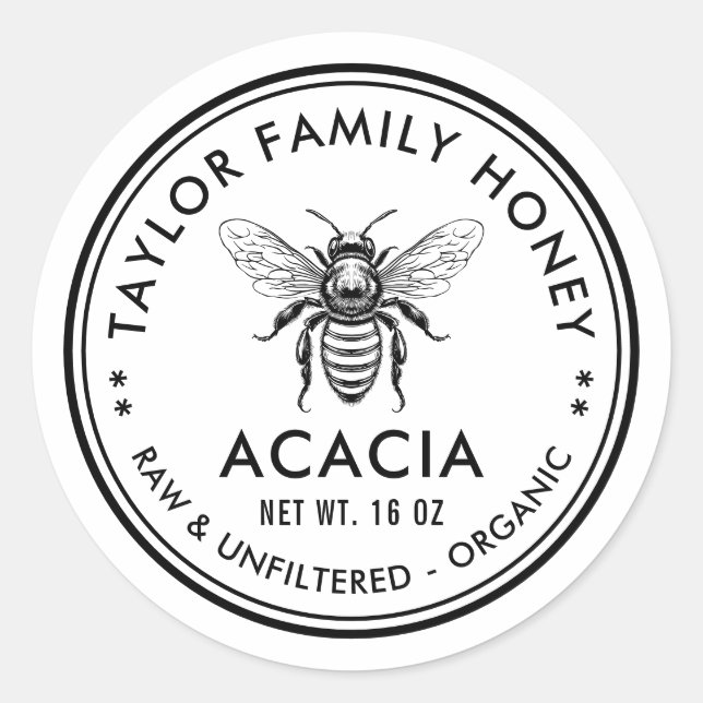 Honigmarke Acacia mit Honigbiene Runder Aufkleber (Vorderseite)