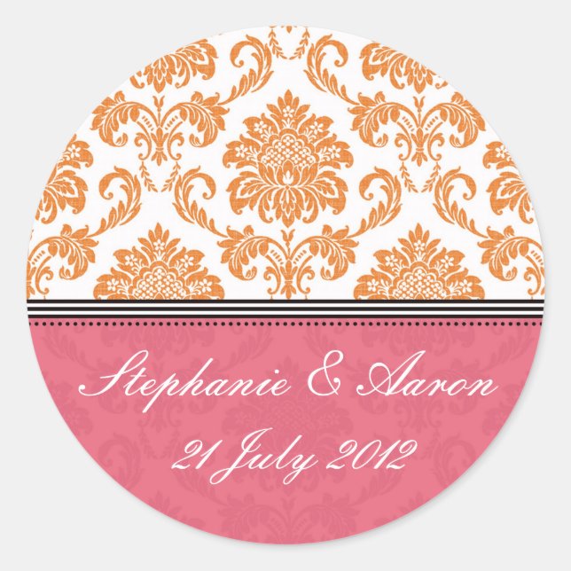 Honigsauce und Mandarine Damask Hochzeitskleber Runder Aufkleber (Vorderseite)